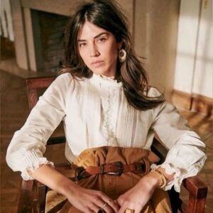 Sezane Antonia Ecru Pleated Ruffle Blouse Size 36